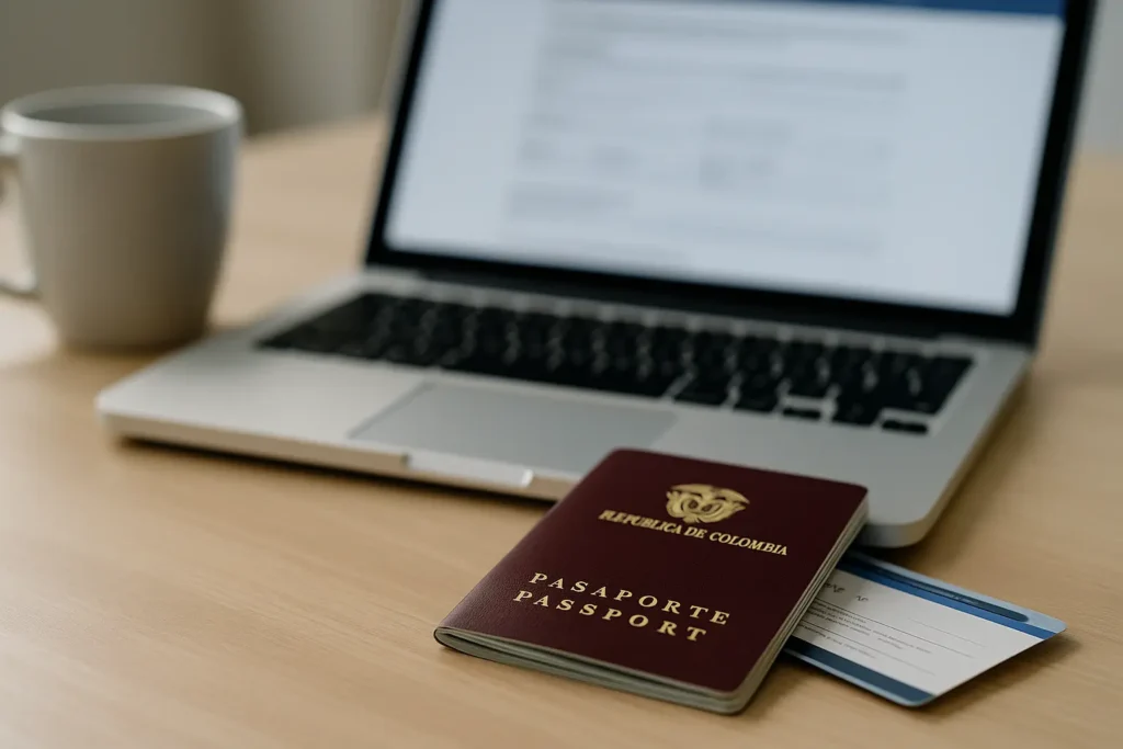 Colombian passport beside a laptop showing the U.S. visa application form (DS-160).